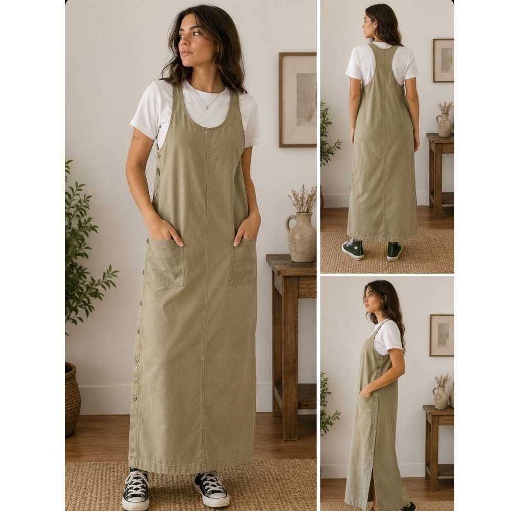 Vintage Express Cotton Utility Maxi Jumper Dress L Khaki Pinafore 90s Hong Kong